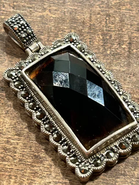 Sterling Silver Pendant W/ Faceted Smokey Quartz & Marcasite, Estate Staement