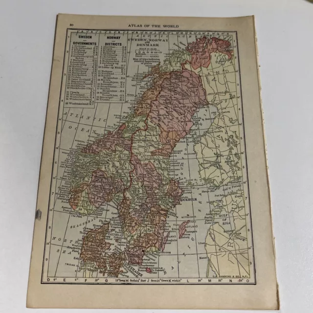 Hammond’s Antique 1914 Map Of Sweden, Norway & Denmark 6x8