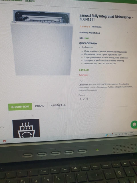 ZANUSSI ZDLN1511 FULLY Intigrated Slim Line Dishwasher 380.00