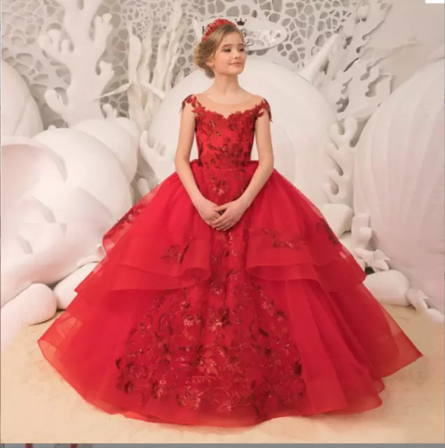 Trailing New Children's Red Dress Lace Sleeveless Long Dress Evening Dress