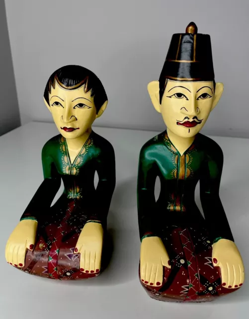 Vtg Wood Carved Javanese Wedding Couple Man Woman Statues Balinese Art Sculpture