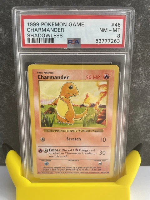 Pokemon Card Base Set SHADOWLESS Charmander 46/102 1999 PSA Graded 8 Mint WOTC