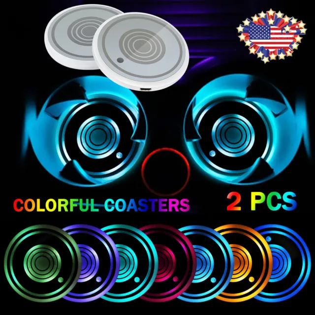 2PC Cup Pad Car Accessories LED Light Cover Interior Decoration Lamp 7 Colors US