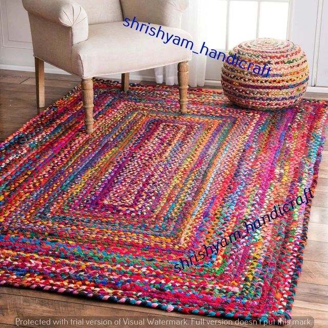 Beautiful Natural Braided Cotton Chindi Area Rag Rug Rectangle Handmade Rag Rugs