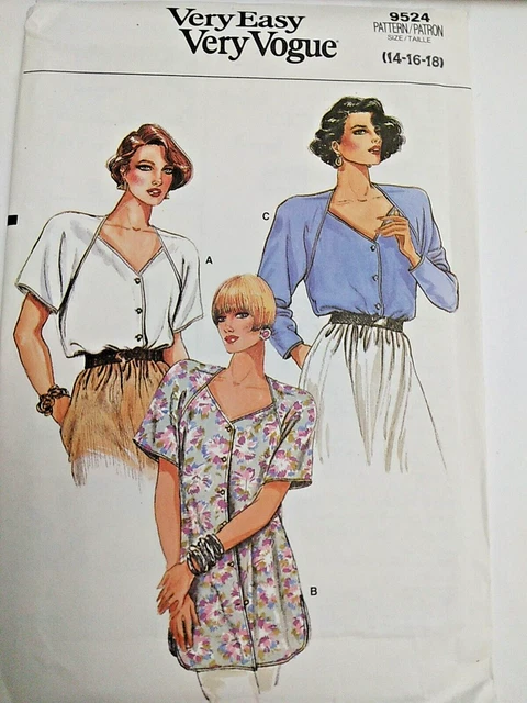 Túnica Top V Cuello 14 16 18 Vogue 9524 Patrón de Costura UC Vtg 80s Muy Fácil