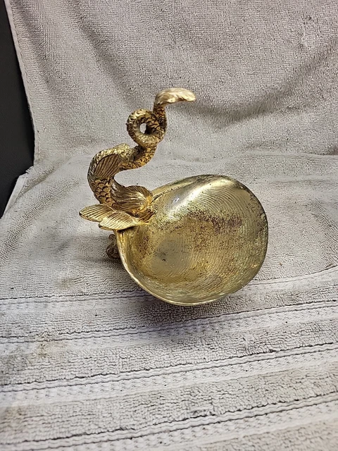 Vintage Brass Oyster Shell Shaped Soap Dish W/ Sea Serpent, Lacquer Coated