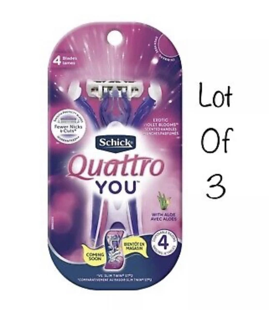 3- Navajas de afeitar desechables para mujer Schick Quattro YOU exótica flor violeta 4 quilates 4 hojas