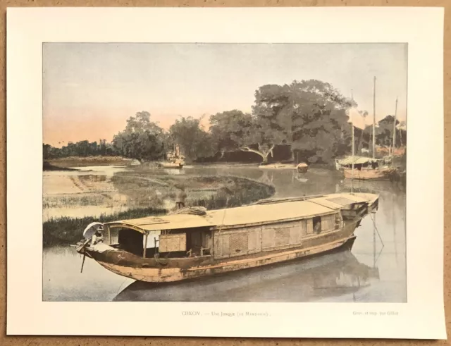 TONKIN Une jonque de mandarin - Photochromie fin 19ème  gravure  Vietnam