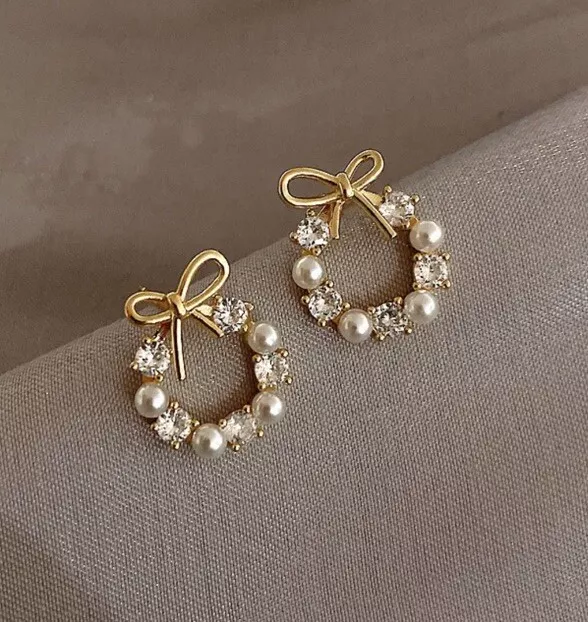 Bow Earrings Gold Tone White Faux Pearl Round Stud Earring Bowknot Pierced New