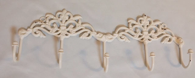 5 Hooks Wall Coat Towel Hat Hanger Cast Iron Metal White Distressed Farmhouse