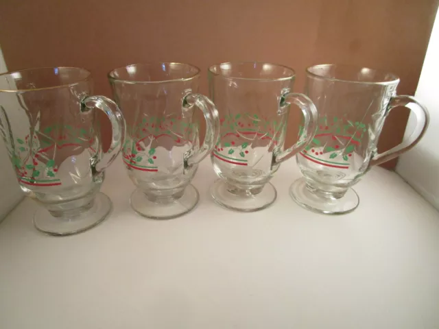 Arbys Libbey Holly Berry Christmas Set of 4 Glass Irish Coffee Cups Mugs C