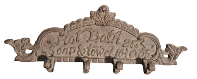 Vtg Cast Iron Hot Bath Soap Towel Hanger Coat Hat Key Bathroom Wall Decor 15"