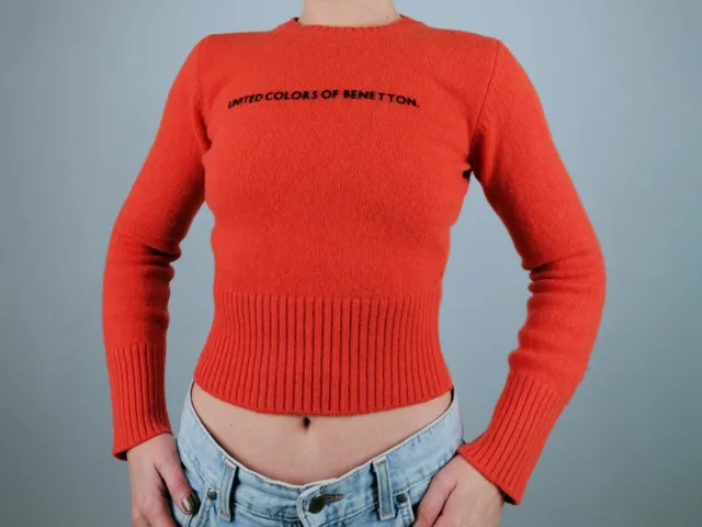 UNITED Colors of BENETTON Vintage Y2K Sweater Orange Pure Wool Crop Top - XS-S