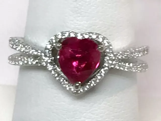 Red Lab Ruby Heart  Size 8 Ring 925 Sterling Silver White CZ USA Made