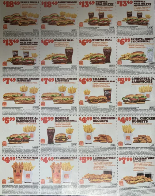 1 Sheet of BURGER KING Coupons  Expires 11/26/2023 20 total coupons