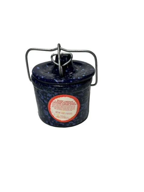 Vintage Cobalt Blue Speckled Stoneware Cheese/Butter Crock with Wire Bail Lid
