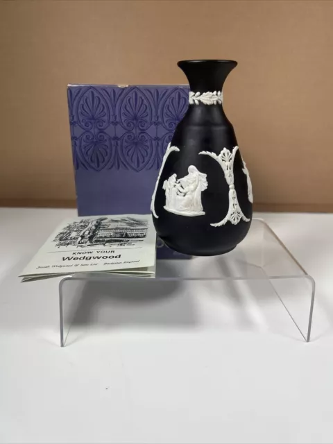 Wedgwood Black Jasper Ware Vase Cameo - Vintage Boxed Bud Vase