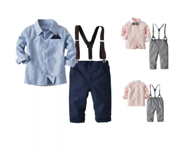 Kids Boys Gentleman Outfit Striped Shirt and Suspender Pant Party Clothes Set