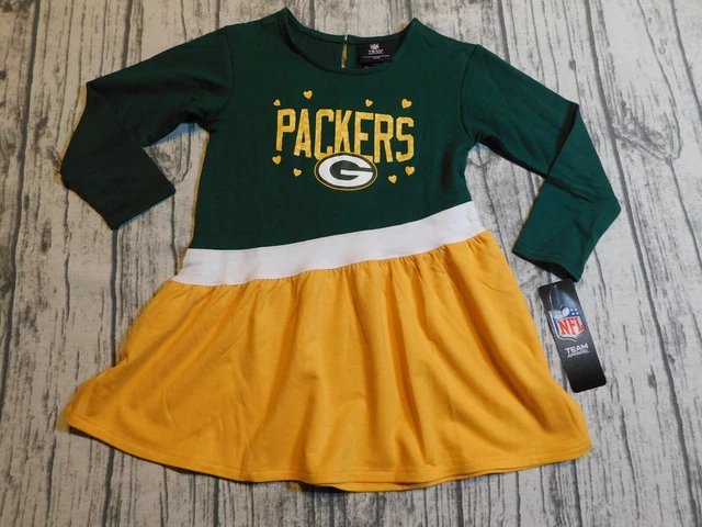New Nfl Team Apparel Green Bay Packers Heart Dress Cheerleader Outfit Girl's 4T