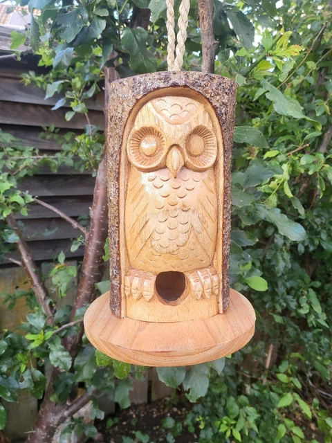 Owl Bird House with Perch Hand Carved Rustic Wood H27cm W20cm Christmas Gift