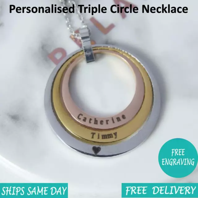 Personalised Engraved Womens Family Triple Circle Necklace Rose Gold Silver