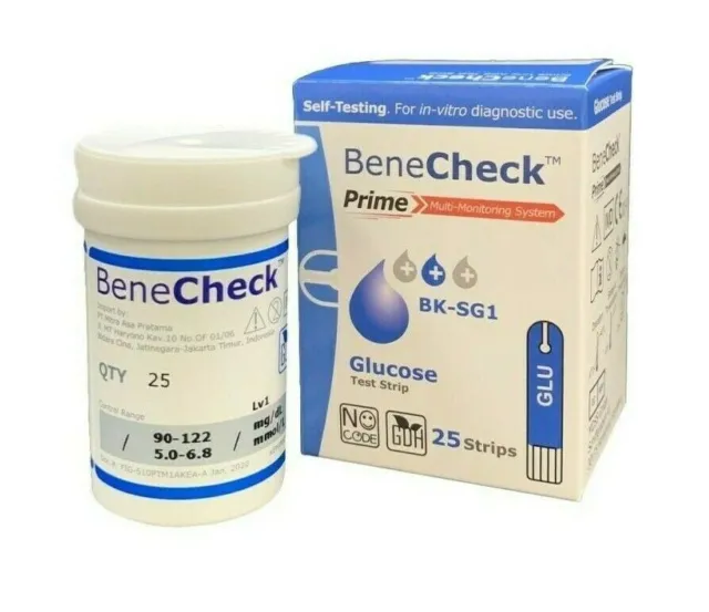 3 tiras reactivas de glucosa BENECHECK Prime caja contiene 1 caja @ 25 tiras
