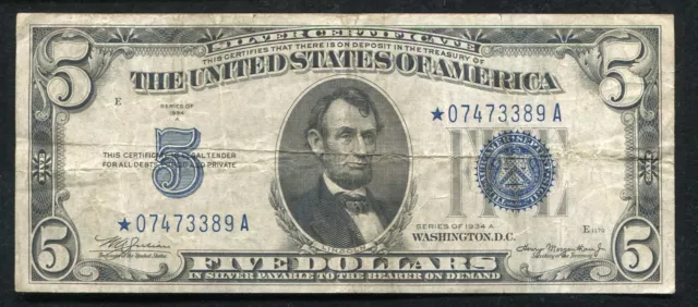 Fr. 1651* 1934-A $5 Five Dollars *Star* Blue Seal Silver Certificate Very Fine
