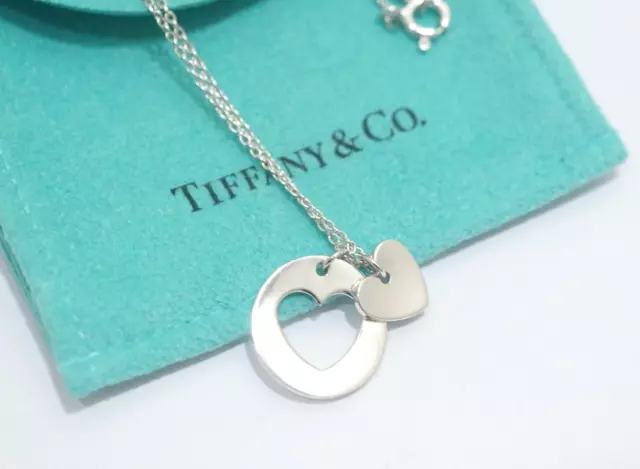 Tiffany & Co. Sterling Silver Stencil Cut Out Double Heart Pendant Necklace 16"