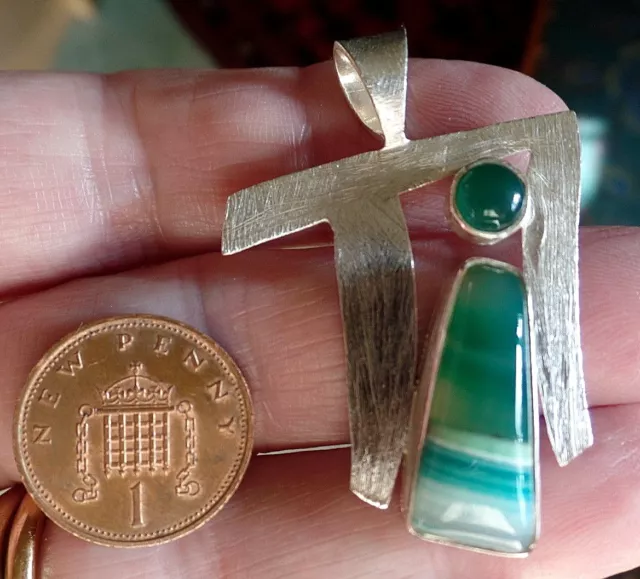 Beautiful Boho Hand Made Sterling Silver and Botswana Green Agate Pi Pendant