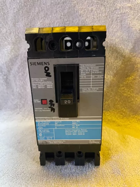 Siemens Sentron Series Circuit Breaker 20A ED43B020 480v 3 Pole