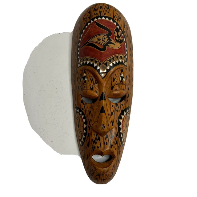 Vintage Hand Carved Wooden Indonesia Tribal Painted 13” Hanging Oval Painted