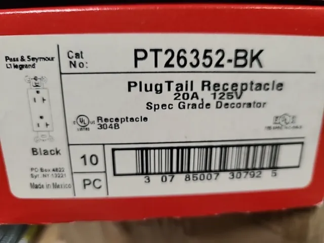 Legrand PT26352-BK Plugtail Receptacle 20A 125V Black, Box Of 10