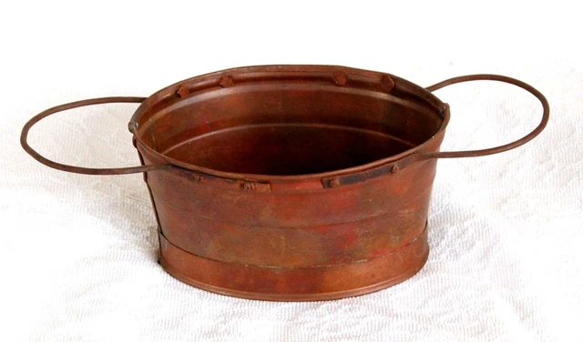 A1 - Piccolo Vecchio Contenitore Cachepot Ovale In Rame