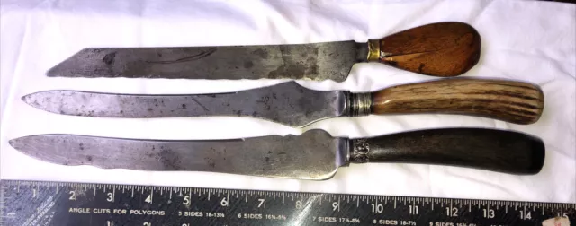 3-Antique BREAD Knife Wood & Bone Handle Primitive