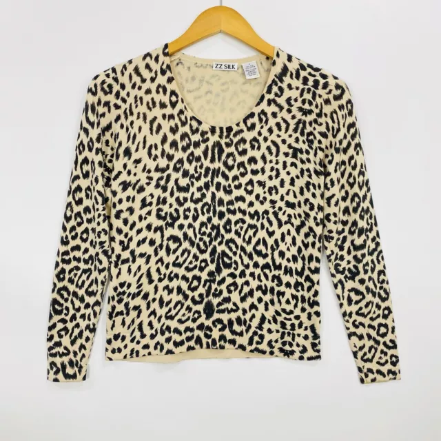 ZZ Silk Womens Knit Top Small Tan Leopard Scoop Neck Long Sleeve Pullover Silk