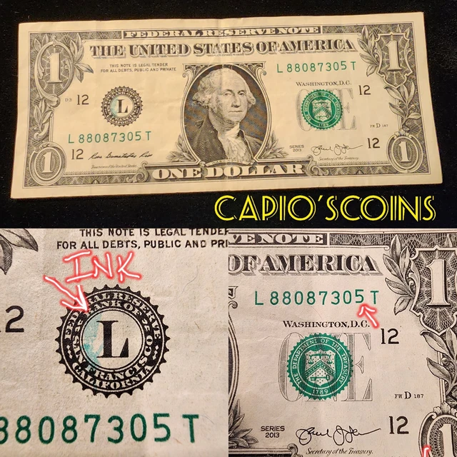 2013 $1 "Gas Pump/Rotated Digit" And "Ink Smear" On Black Seal Error Note!