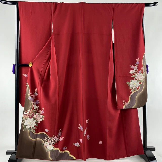 Japanese Silk Kimono Robe Vintage Furisode Long Sleeves Gold Red Flower Classic