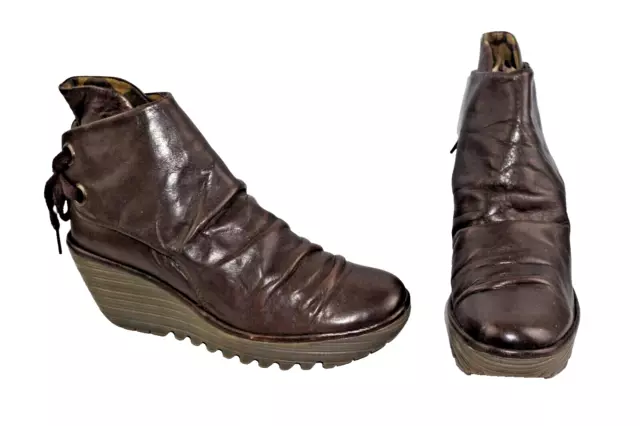FLY LONDON DARK brown leather black laced ankle boots UK size 5