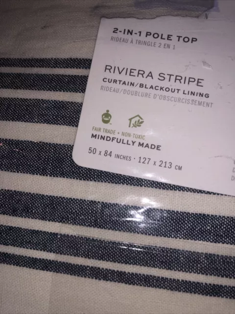 Pottery Barn Riviera Stripe Blackout Curtain Drape Panel 50x84 Navy Linen Cotton