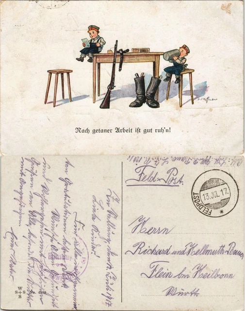 Feldpostkarte 1. WK "Nach getaner Arbeit" 1917    Feldpost (Blind-Stempel)