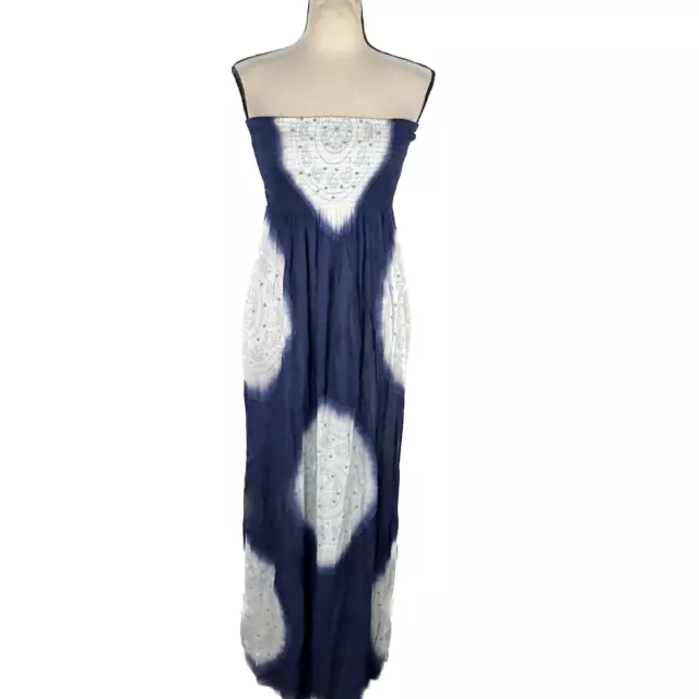 Coolchange Strapless Smocked Maxi Dress Blue White Women's Size Medium