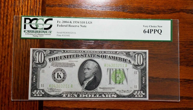 1934 $10 Federal Reserve Note 💲 Light Green PCGS 64 PPQ ~ Dallas
