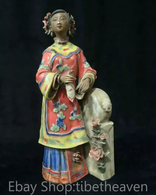 12” Old China Folk Wucai Porcelain Feng Shui beauty Belle Flower Stand Statue