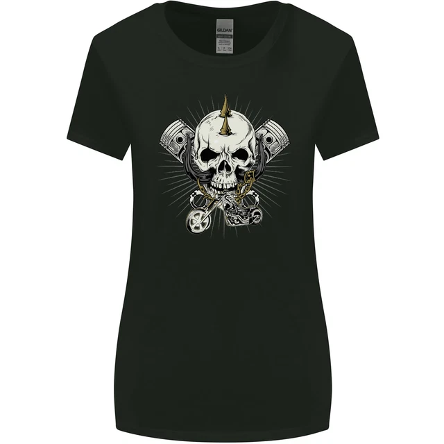 Maglietta Piston Skull Moto Biker Donna Taglio Più Largo