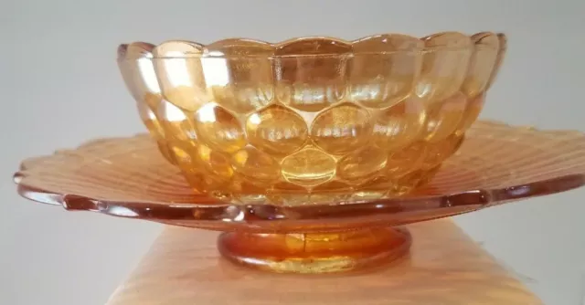 Amber Carnival Glass Collectors Special Berry Bowl and Low Pedestal Plate Set