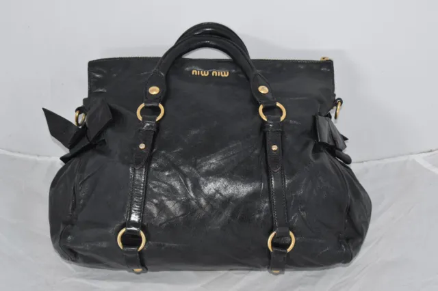 Miu Miu Black Vitello Lux Leather Bow Detail Womens Handbag Hobo Shoulder Bag