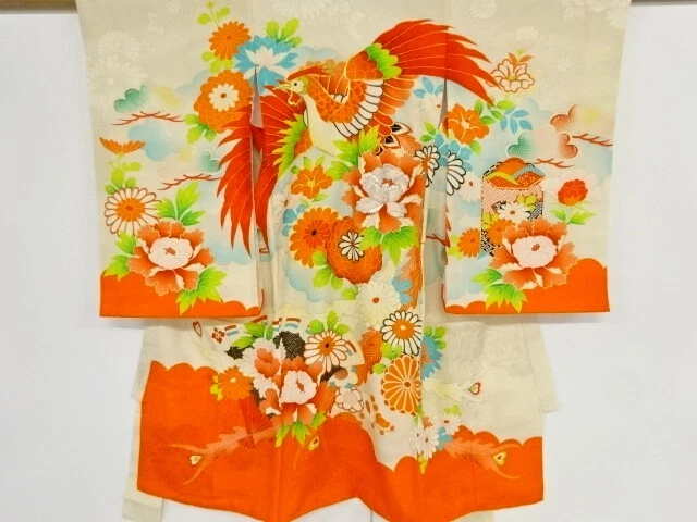 36946# Japanese Kimono / Antique Kimono For Girls / Embroidery / Flower & Bi