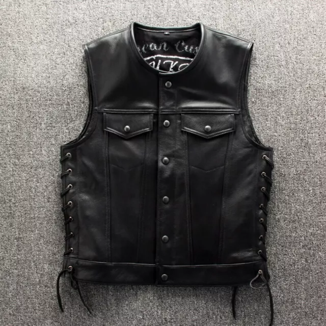 New Men's Biker Leather Vest Genuine Cowhide Motorcycle Vest Laced Up Waistcoat