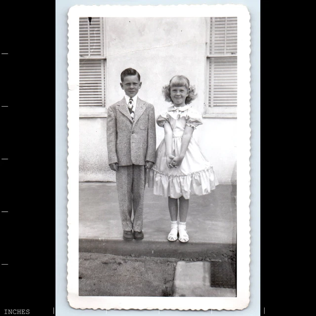 Old Vintage Photo ADORABLE BOY AND GIRL STANDING OUTSIDE SUIT TIE AND DRESS