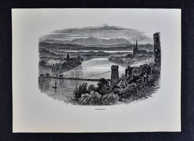 1878 Picturesque Print - Inverness Town View - River Ness Bridge - Scotland UK